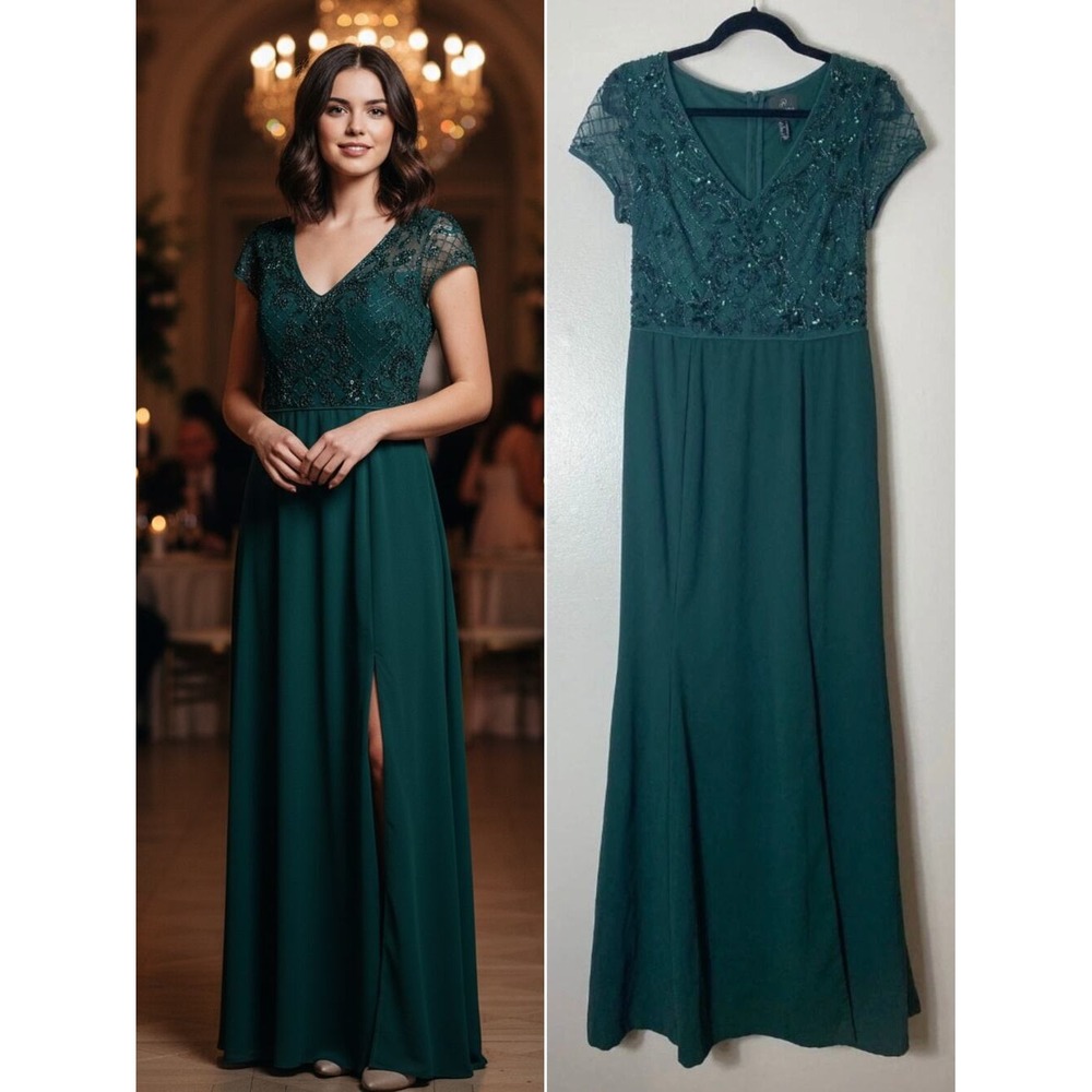 Adrianna Papell Dress Green Sequin Beaded Wedding Guest Gown Christmas Holidays